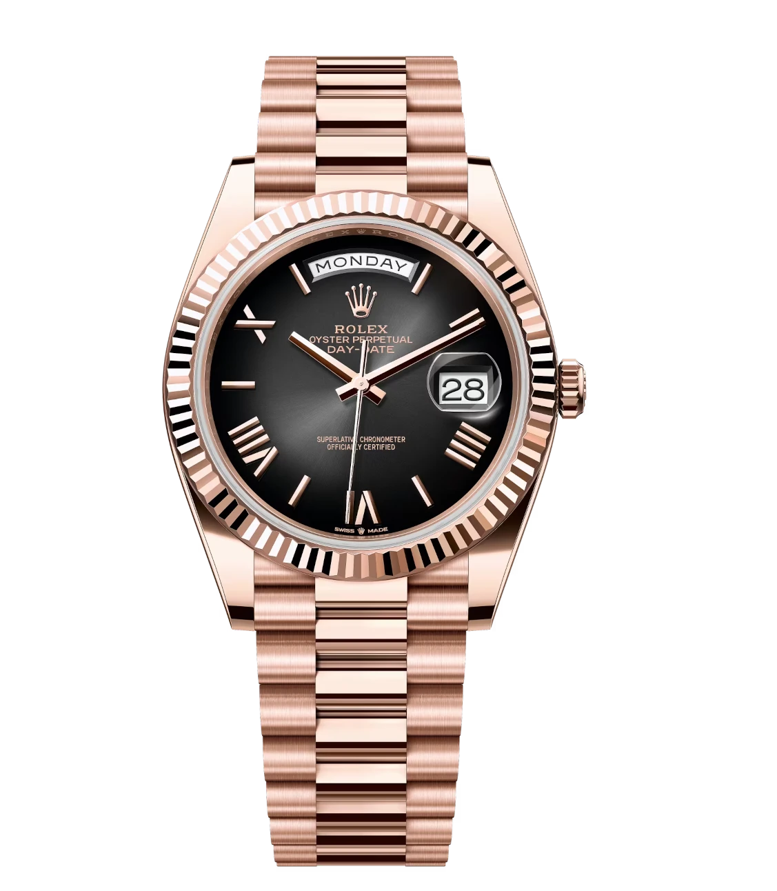 Rolex Day-Date 40 Oyster Perpetual 18 ct Everose gold slate ombré dial fluted bezel President band Reference 228235 1 Rolex Day-Date 40 Oyster Perpetual 18 ct Everose gold slate ombré dial fluted bezel President band Reference 228235