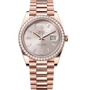 Rolex Day-Date 40 Oyster Perpetual 18 ct Everose gold Sundust, diamond-set dial diamond-set bezel President band Reference 228345RBR