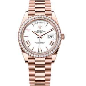 Rolex Day-Date 40 Oyster Perpetual 18 ct Everose gold white dial diamond-set bezel President band Reference 228345RBR