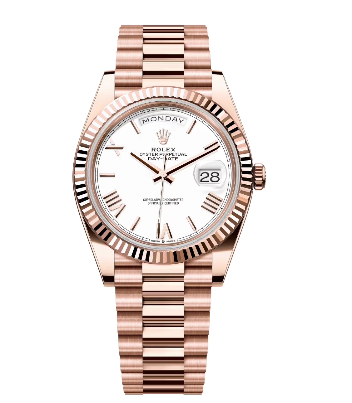 Rolex Day-Date 40 Oyster Perpetual 18 ct Everose gold white dial fluted bezel President band Reference 228235 1 Rolex Day-Date 40 Oyster Perpetual 18 ct Everose gold white dial fluted bezel President band Reference 228235