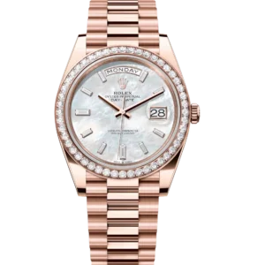 Rolex Day-Date 40 Oyster Perpetual 18 ct Everose gold white mother-of-pearl, diamond-set dial diamond-set bezel President band Reference 228345RBR