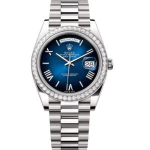 Rolex Day-Date 40 Oyster Perpetual 18 ct white gold blue ombré dial diamond-set bezel President band Reference 228349RBR