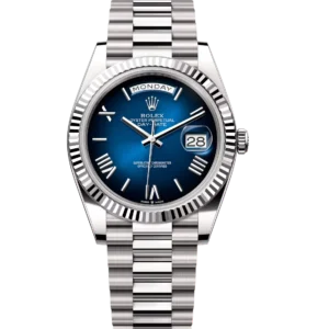Rolex Day-Date 40 Oyster Perpetual 18 ct white gold blue ombré dial fluted bezel President band Reference 228239