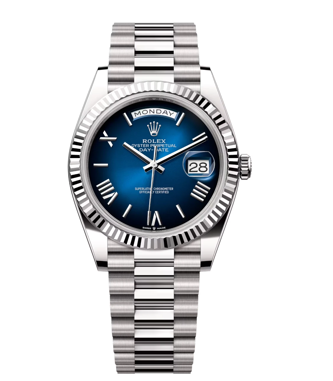 Rolex Day-Date 40 Oyster Perpetual 18 ct white gold blue ombré dial fluted bezel President band Reference 228239 1 Rolex Day-Date 40 Oyster Perpetual 18 ct white gold blue ombré dial fluted bezel President band Reference 228239