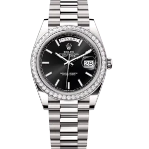 Rolex Day-Date 40 Oyster Perpetual 18 ct white gold bright black dial diamond-set bezel President band Reference 228349RBR