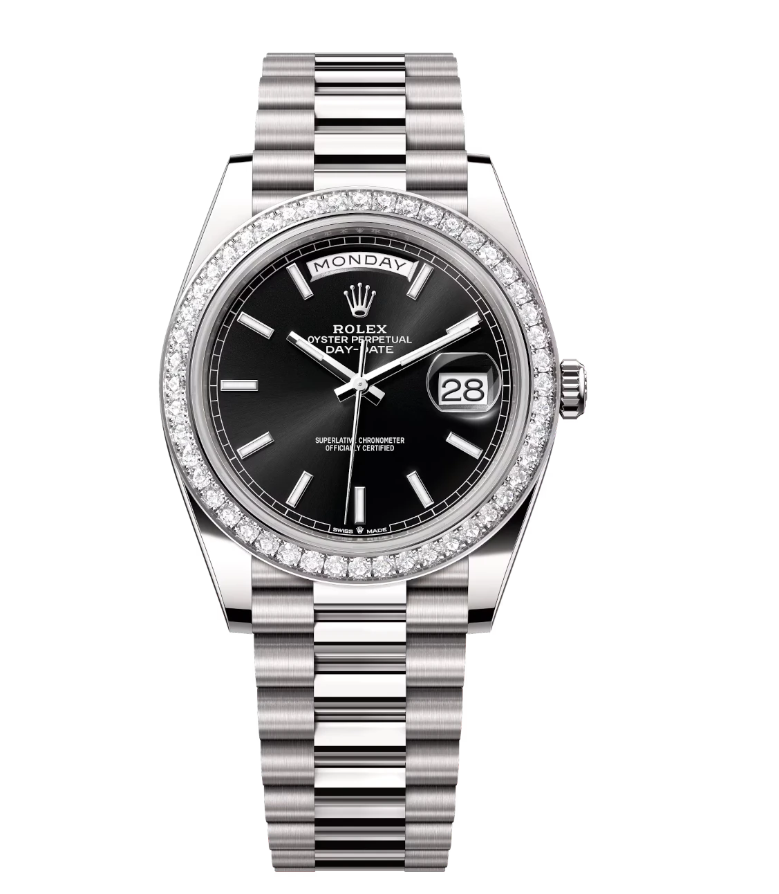 Rolex Day-Date 40 Oyster Perpetual 18 ct white gold bright black dial diamond-set bezel President band Reference 228349RBR 1 Rolex Day-Date 40 Oyster Perpetual 18 ct white gold bright black dial diamond-set bezel President band Reference 228349RBR