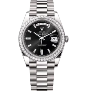 Rolex Day-Date 40 Oyster Perpetual 18 ct white gold bright black, diamond-set dial diamond-set bezel President band Reference 228349RBR