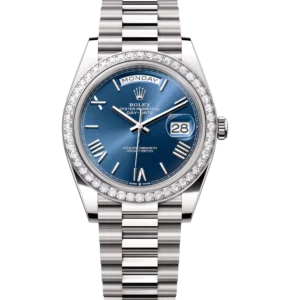 Rolex Day-Date 40 Oyster Perpetual 18 ct white gold bright blue dial diamond-set bezel President band Reference 228349RBR