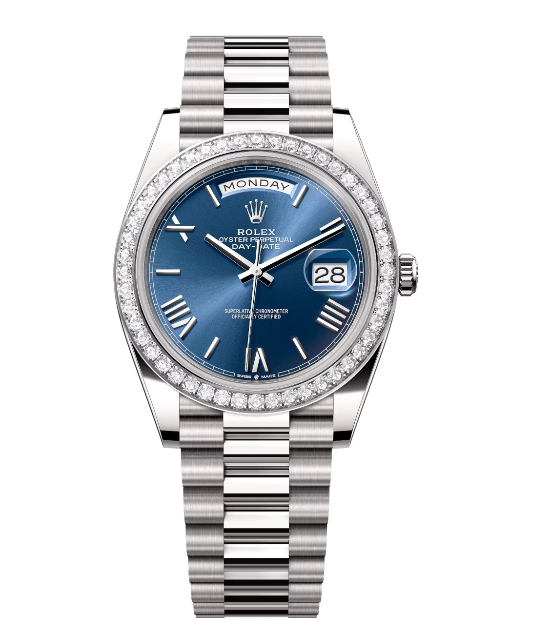 Rolex Day-Date 40 Oyster Perpetual 18 ct white gold bright blue dial diamond-set bezel President band Reference 228349RBR 1 Rolex Day-Date 40 Oyster Perpetual 18 ct white gold bright blue dial diamond-set bezel President band Reference 228349RBR