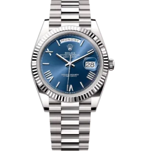 Rolex Day-Date 40 Oyster Perpetual 18 ct white gold bright blue dial fluted bezel President band Reference 228239