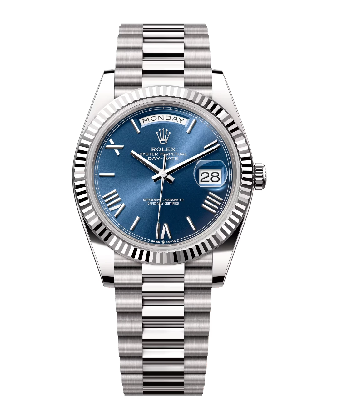 Rolex Day-Date 40 Oyster Perpetual 18 ct white gold bright blue dial fluted bezel President band Reference 228239 1 Rolex Day-Date 40 Oyster Perpetual 18 ct white gold bright blue dial fluted bezel President band Reference 228239