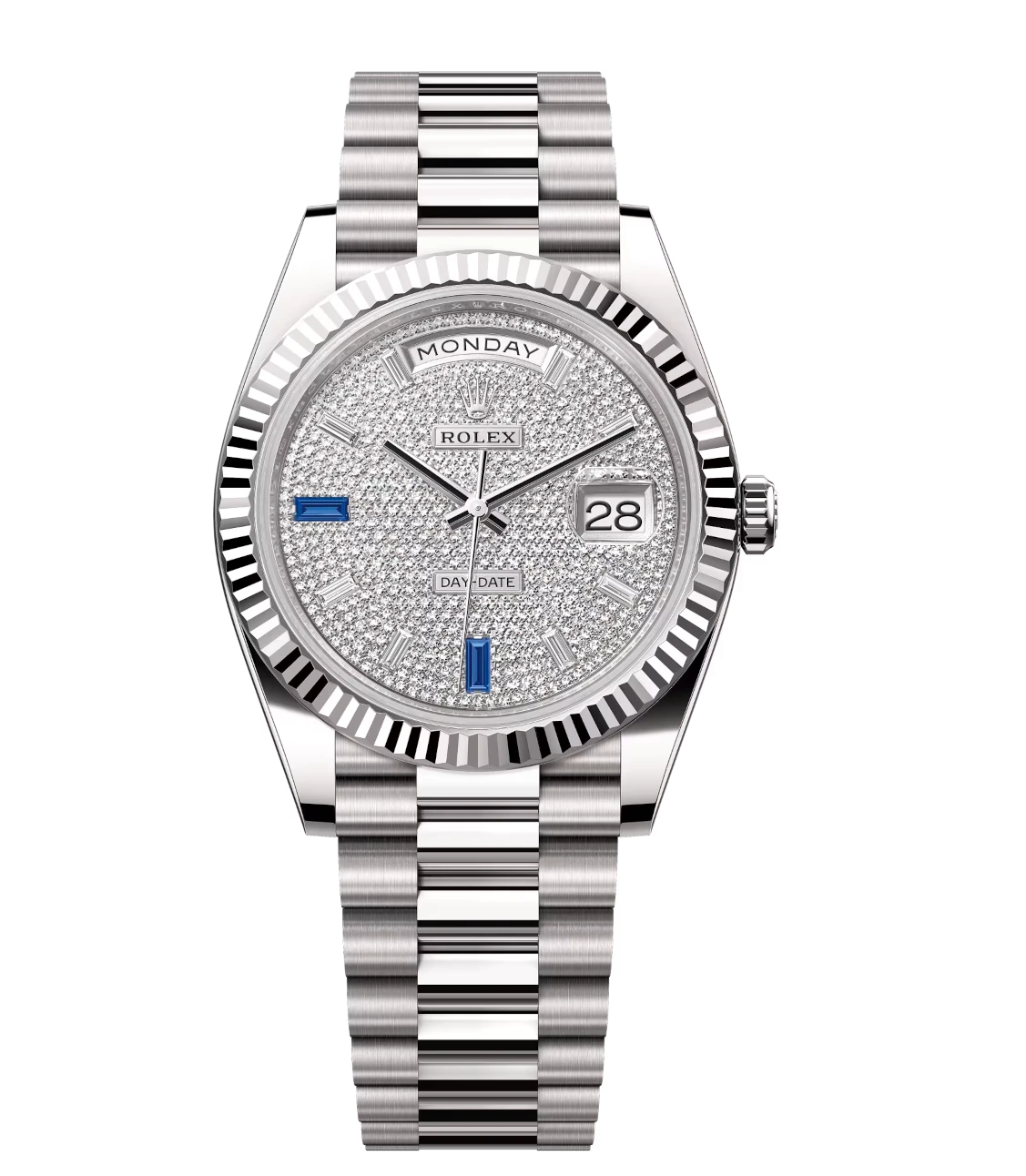 Rolex Day-Date 40 Oyster Perpetual 18 ct white gold diamond-paved dial fluted bezel President band Reference 228239 1 Rolex Day-Date 40 Oyster Perpetual 18 ct white gold diamond-paved dial fluted bezel President band Reference 228239