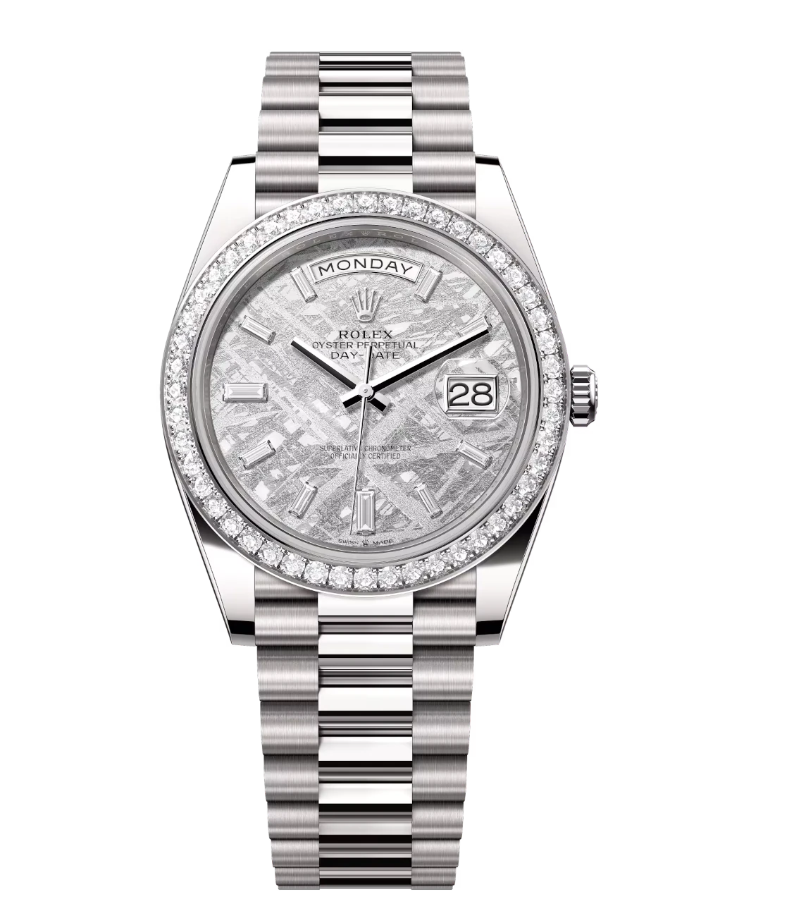 Rolex Day-Date 40 Oyster Perpetual 18 ct white gold meteorite, diamond-set dial diamond-set bezel President band Reference 228349RBR 1 Rolex Day-Date 40 Oyster Perpetual 18 ct white gold meteorite, diamond-set dial diamond-set bezel President band Reference 228349RBR