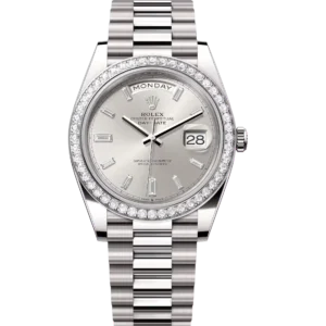 Rolex Day-Date 40 Oyster Perpetual 18 ct white gold silver, diamond-set dial diamond-set bezel President band Reference 228349RBR