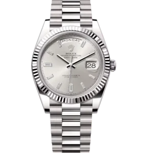 Rolex Day-Date 40 Oyster Perpetual 18 ct white gold silver, diamond-set dial fluted bezel President band Reference 228239