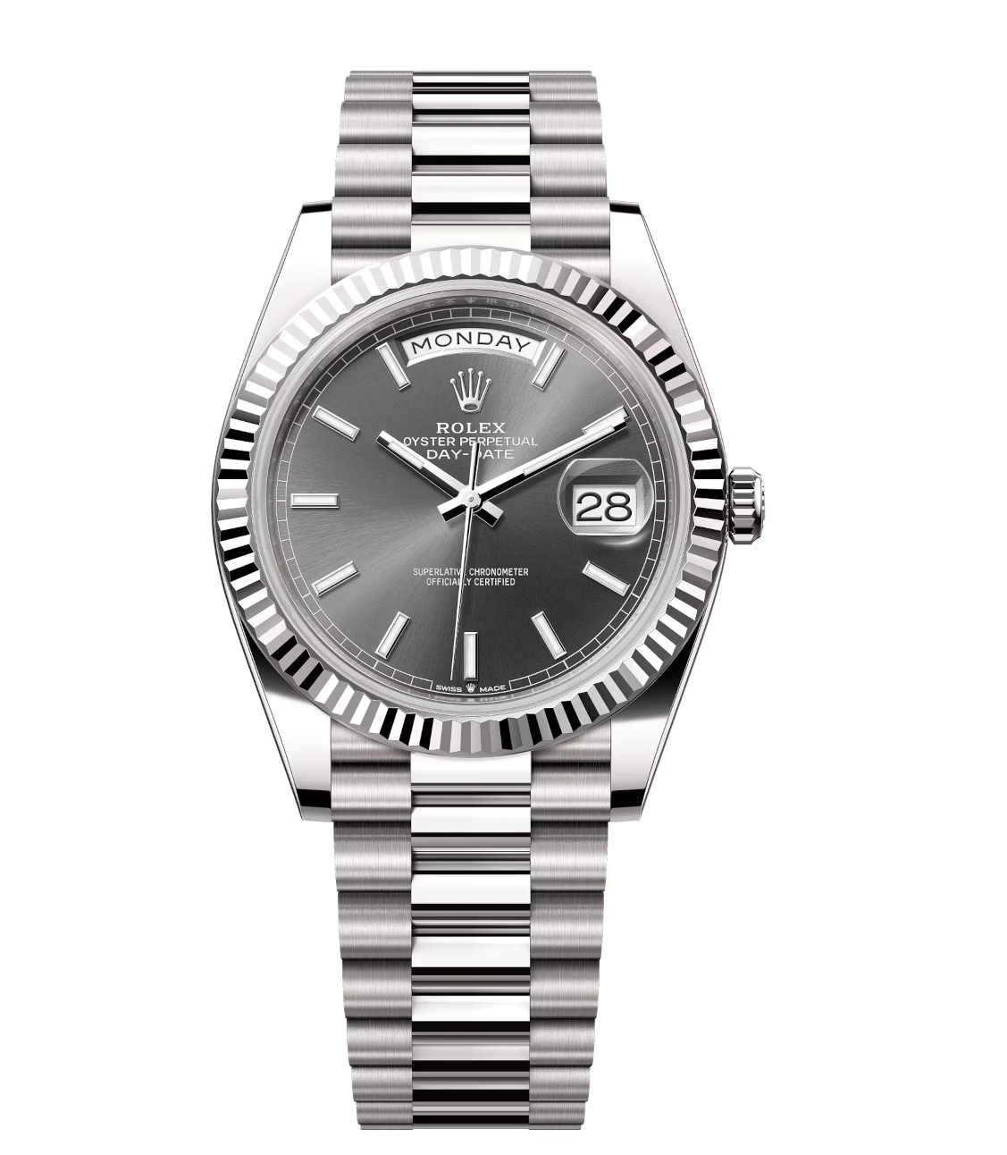 Rolex Day-Date 40 Oyster Perpetual 18 ct white gold slate dial fluted bezel President band Reference 228239 1 Rolex Day-Date 40 Oyster Perpetual 18 ct white gold slate dial fluted bezel President band Reference 228239