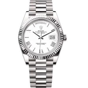 Rolex Day-Date 40 Oyster Perpetual 18 ct white gold white dial fluted bezel President band Reference 228239