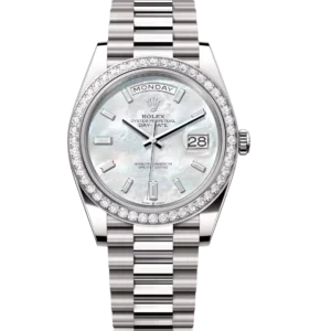 Rolex Day-Date 40 Oyster Perpetual 18 ct white gold white mother-of-pearl, diamond-set dial diamond-set bezel President band Reference 228349RBR