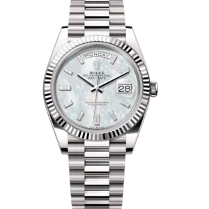 Rolex Day-Date 40 Oyster Perpetual 18 ct white gold white mother-of-pearl, diamond-set dial fluted bezel President band Reference 228239