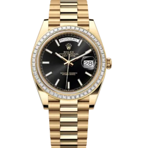 Rolex Day-Date 40 Oyster Perpetual 18 ct yellow gold bright black dial diamond-set bezel President band Reference 228398TBR
