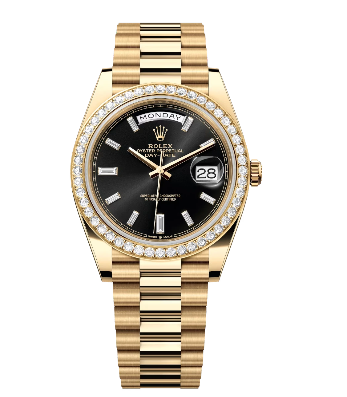 Rolex Day-Date 40 Oyster Perpetual 18 ct yellow gold bright black, diamond-set dial diamond-set bezel President band Reference 228348RBR 1 Rolex Day-Date 40 Oyster Perpetual 18 ct yellow gold bright black, diamond-set dial diamond-set bezel President band Reference 228348RBR