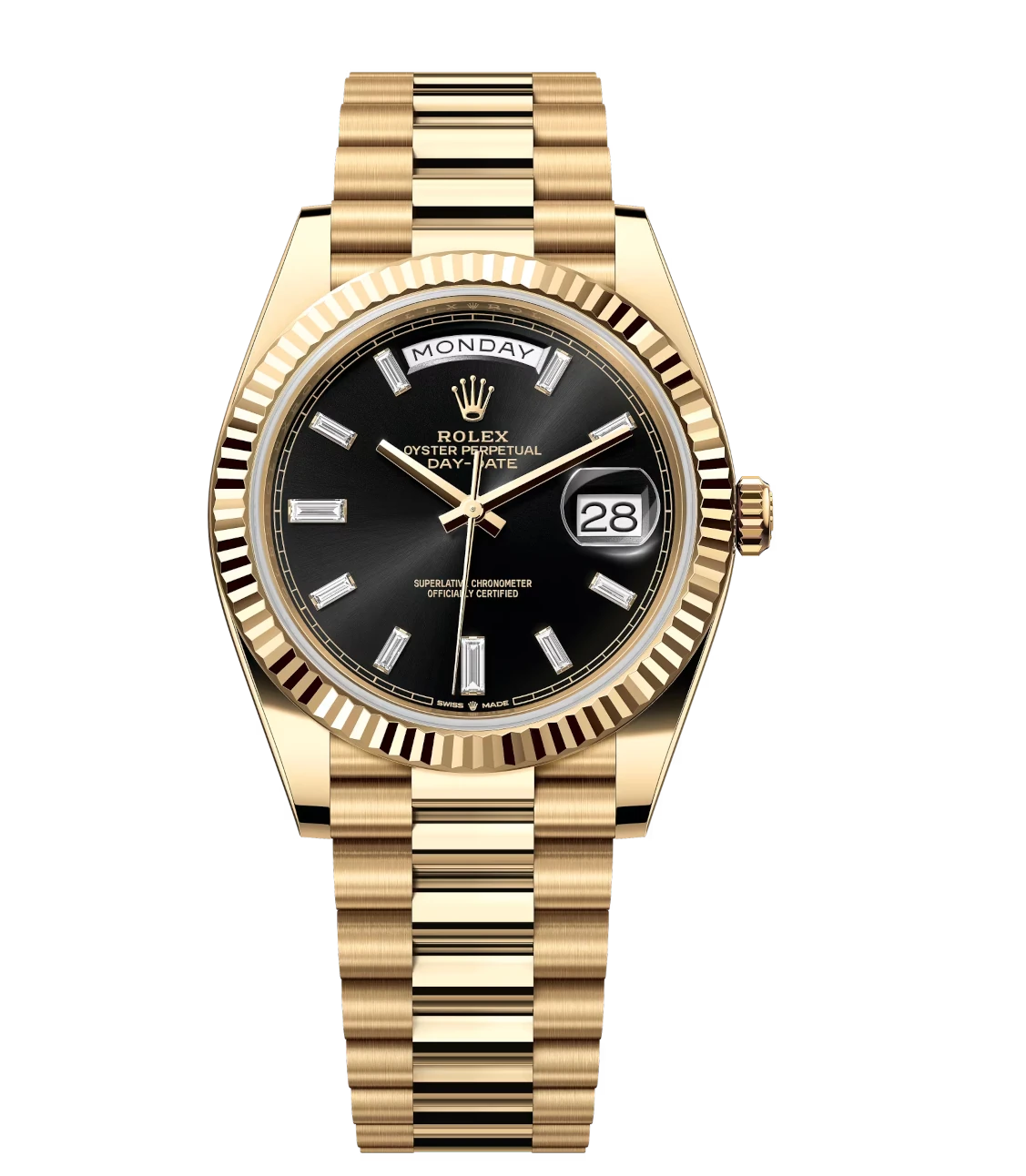 Rolex Day-Date 40 Oyster Perpetual 18 ct yellow gold bright black, diamond-set dial fluted bezel President band Reference 228238 1 Rolex Day-Date 40 Oyster Perpetual 18 ct yellow gold bright black, diamond-set dial fluted bezel President band Reference 228238