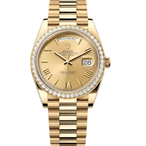 Rolex Day-Date 40 Oyster Perpetual 18 ct yellow gold champagne-colour dial diamond-set bezel President band Reference 228348RBR