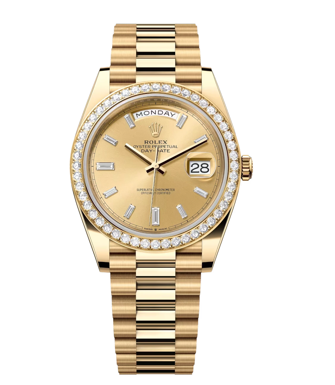 Rolex Day-Date 40 Oyster Perpetual 18 ct yellow gold champagne colour, diamond-set dial diamond-set bezel President band Reference 228348RBR 1 Rolex Day-Date 40 Oyster Perpetual 18 ct yellow gold champagne colour, diamond-set dial diamond-set bezel President band Reference 228348RBR