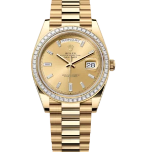 Rolex Day-Date 40 Oyster Perpetual 18 ct yellow gold champagne colour, diamond-set dial diamond-set bezel President band Reference 228398TBR