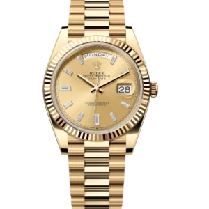 Rolex Day-Date 40 Oyster Perpetual 18 ct yellow gold champagne colour, diamond-set dial fluted bezel President band Reference 228238