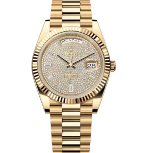 Rolex Day-Date 40 Oyster Perpetual 18 ct yellow gold diamond-paved dial fluted bezel President band Reference 228238