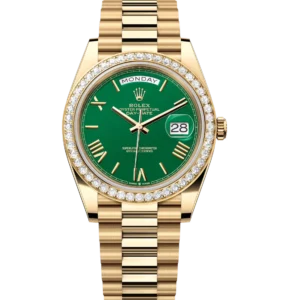 Rolex Day-Date 40 Oyster Perpetual 18 ct yellow gold green dial diamond-set bezel President band Reference 228348RBR
