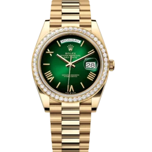 Rolex Day-Date 40 Oyster Perpetual 18 ct yellow gold green ombré dial diamond-set bezel President band Reference 228348RBR