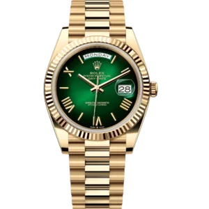 Rolex Day-Date 40 Oyster Perpetual 18 ct yellow gold green ombré dial fluted bezel President band Reference 228238