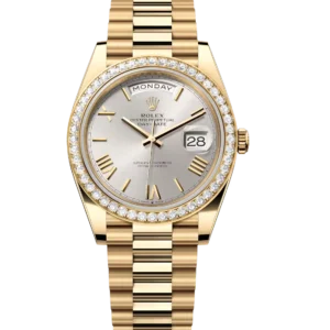 Rolex Day-Date 40 Oyster Perpetual 18 ct yellow gold silver dial diamond-set bezel President band Reference 228348RBR