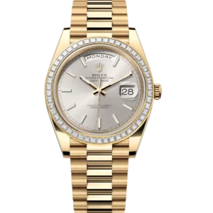 Rolex Day-Date 40 Oyster Perpetual 18 ct yellow gold silver dial diamond-set bezel President band Reference 228398TBR