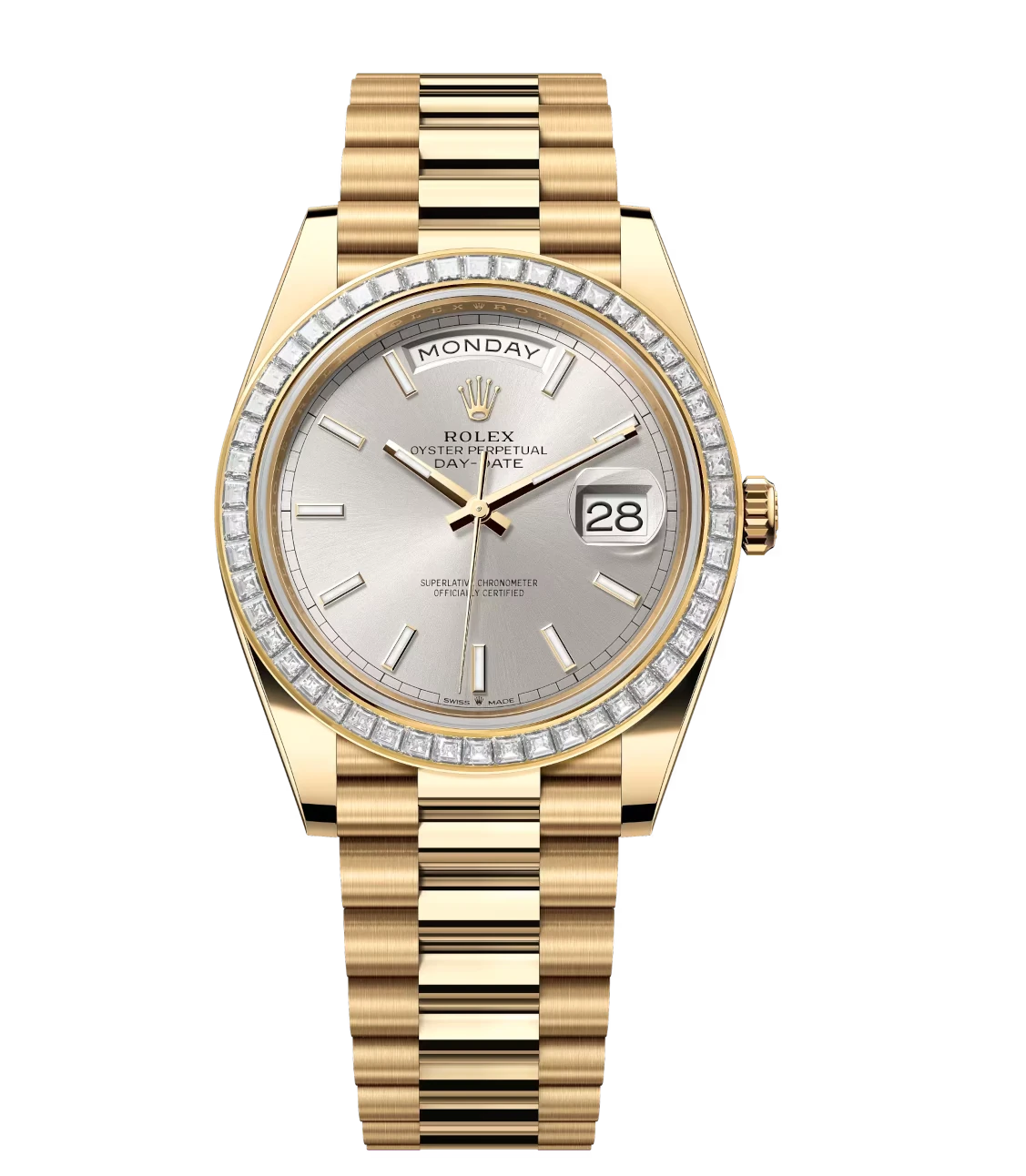 Rolex Day-Date 40 Oyster Perpetual 18 ct yellow gold silver dial diamond-set bezel President band Reference 228398TBR 1 Rolex Day-Date 40 Oyster Perpetual 18 ct yellow gold silver dial diamond-set bezel President band Reference 228398TBR
