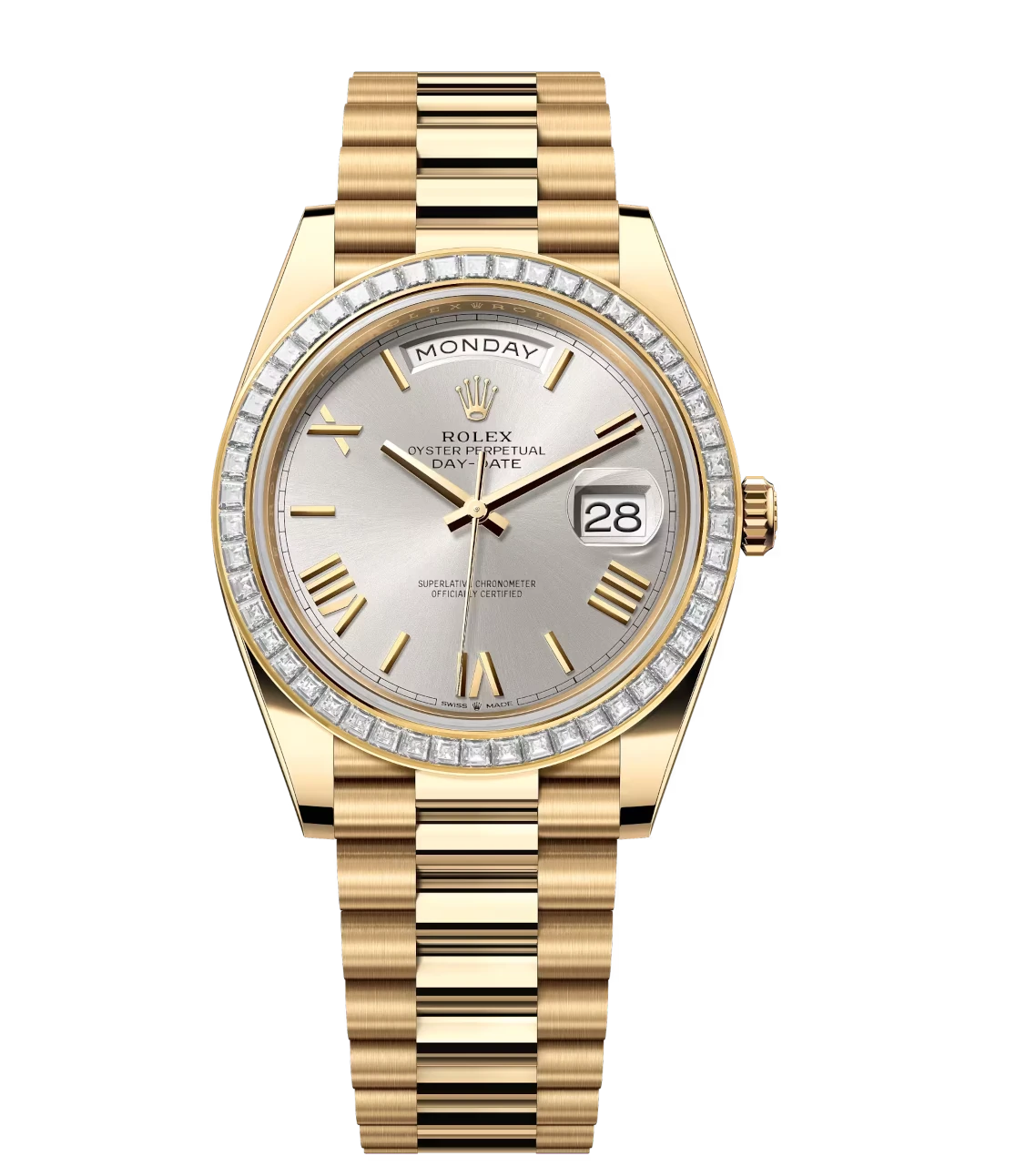 Rolex Day-Date 40 Oyster Perpetual 18 ct yellow gold silver dial diamond-set bezel President band Reference 228398TBR 1 Rolex Day-Date 40 Oyster Perpetual 18 ct yellow gold silver dial diamond-set bezel President band Reference 228398TBR