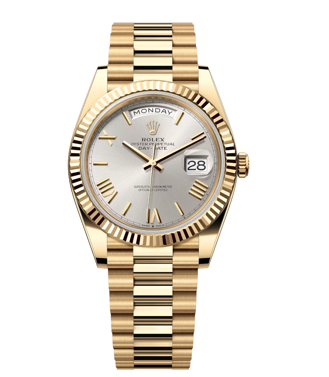 Rolex Day-Date 40 Oyster Perpetual 18 ct yellow gold silver dial fluted bezel President band Reference 228238 1 Rolex Day-Date 40 Oyster Perpetual 18 ct yellow gold silver dial fluted bezel President band Reference 228238