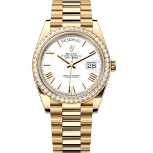 Rolex Day-Date 40 Oyster Perpetual 18 ct yellow gold white dial diamond-set bezel President band Reference 228348RBR