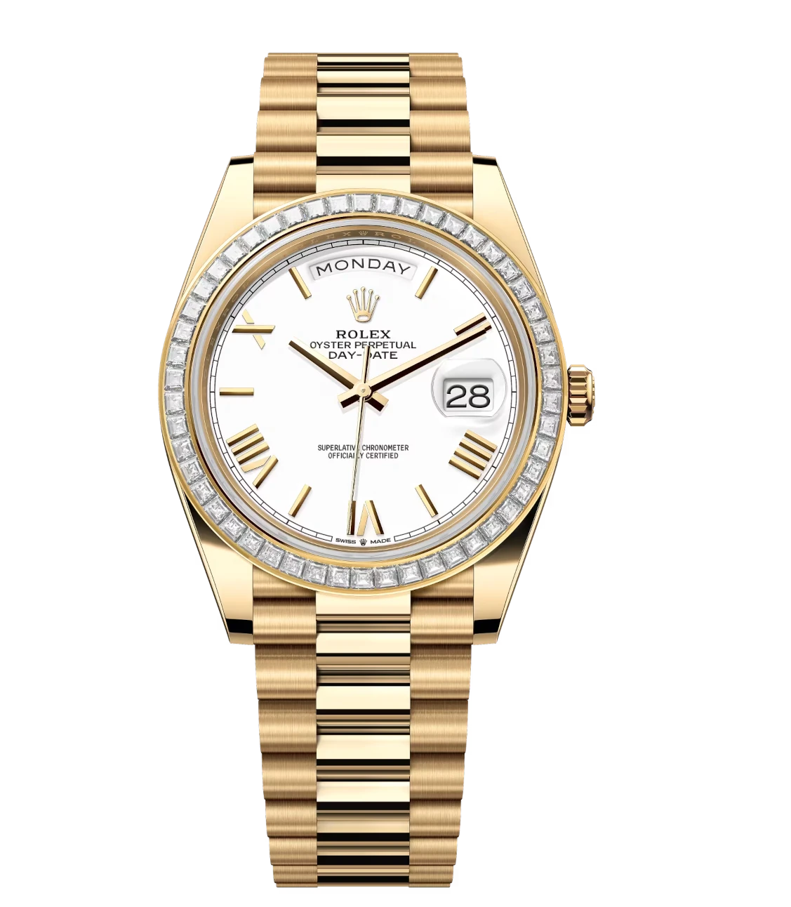 Rolex Day-Date 40 Oyster Perpetual 18 ct yellow gold white dial diamond-set bezel President band Reference 228398TBR 1 Rolex Day-Date 40 Oyster Perpetual 18 ct yellow gold white dial diamond-set bezel President band Reference 228398TBR
