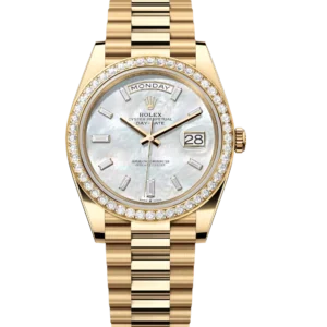 Home 48 Rolex Day-Date 40 Oyster Perpetual 18 ct yellow gold white mother-of-pearl, diamond-set dial diamond-set bezel President band Reference 228348RBR