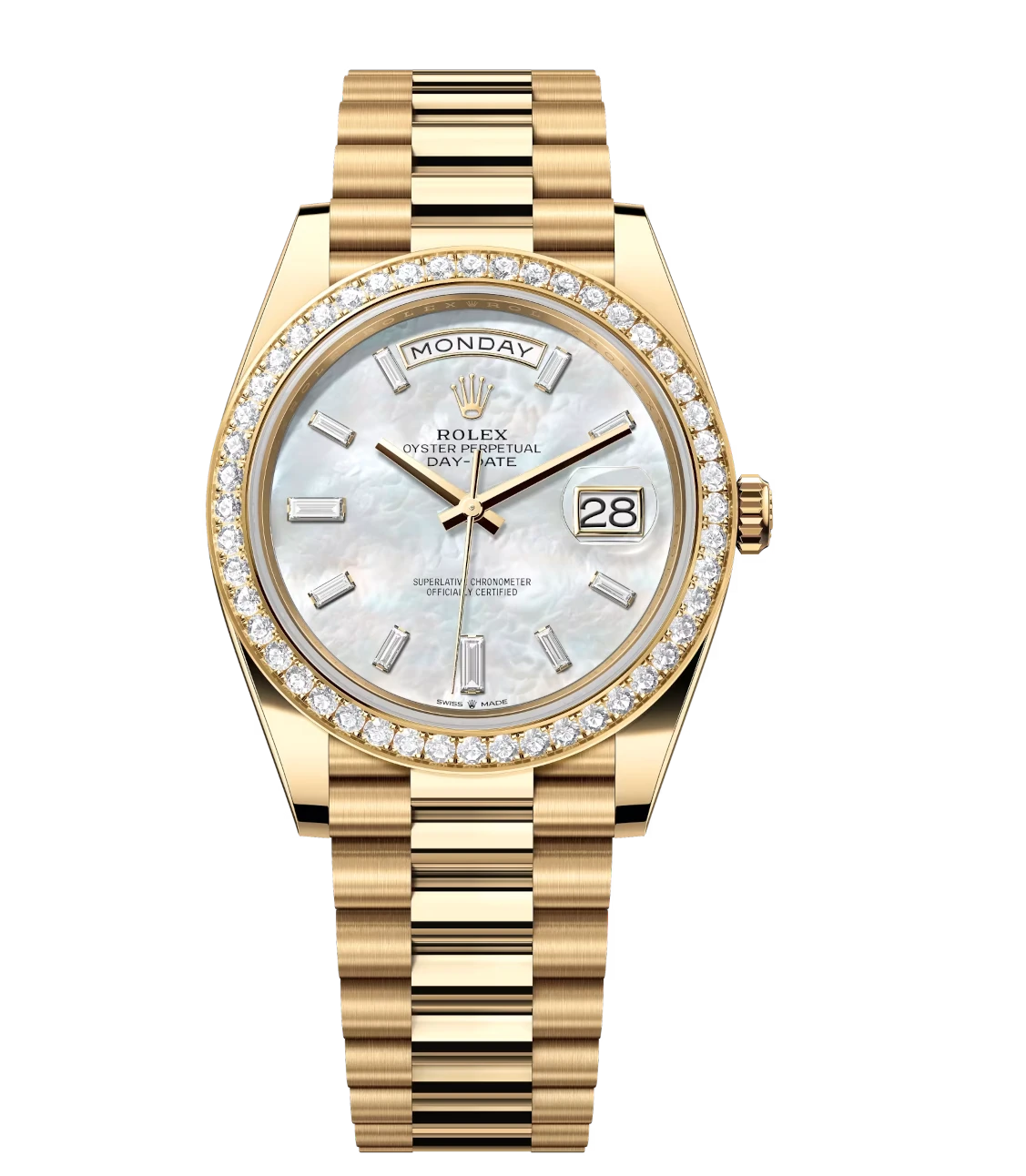 Rolex Day-Date 40 Oyster Perpetual 18 ct yellow gold white mother-of-pearl, diamond-set dial diamond-set bezel President band Reference 228348RBR 1 Rolex Day-Date 40 Oyster Perpetual 18 ct yellow gold white mother-of-pearl, diamond-set dial diamond-set bezel President band Reference 228348RBR
