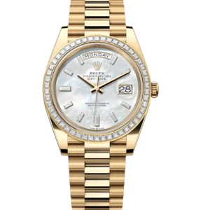 Rolex Day-Date 40 Oyster Perpetual 18 ct yellow gold white mother-of-pearl, diamond-set dial diamond-set bezel President band Reference 228398TBR