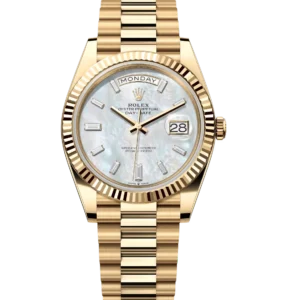 Rolex Day-Date 40 Oyster Perpetual 18 ct yellow gold white mother-of-pearl, diamond-set dial fluted bezel President band Reference 228238