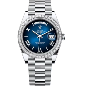 Rolex Day-Date 40 Oyster Perpetual platinum blue ombré dial diamond-set bezel President band Reference 228396TBR