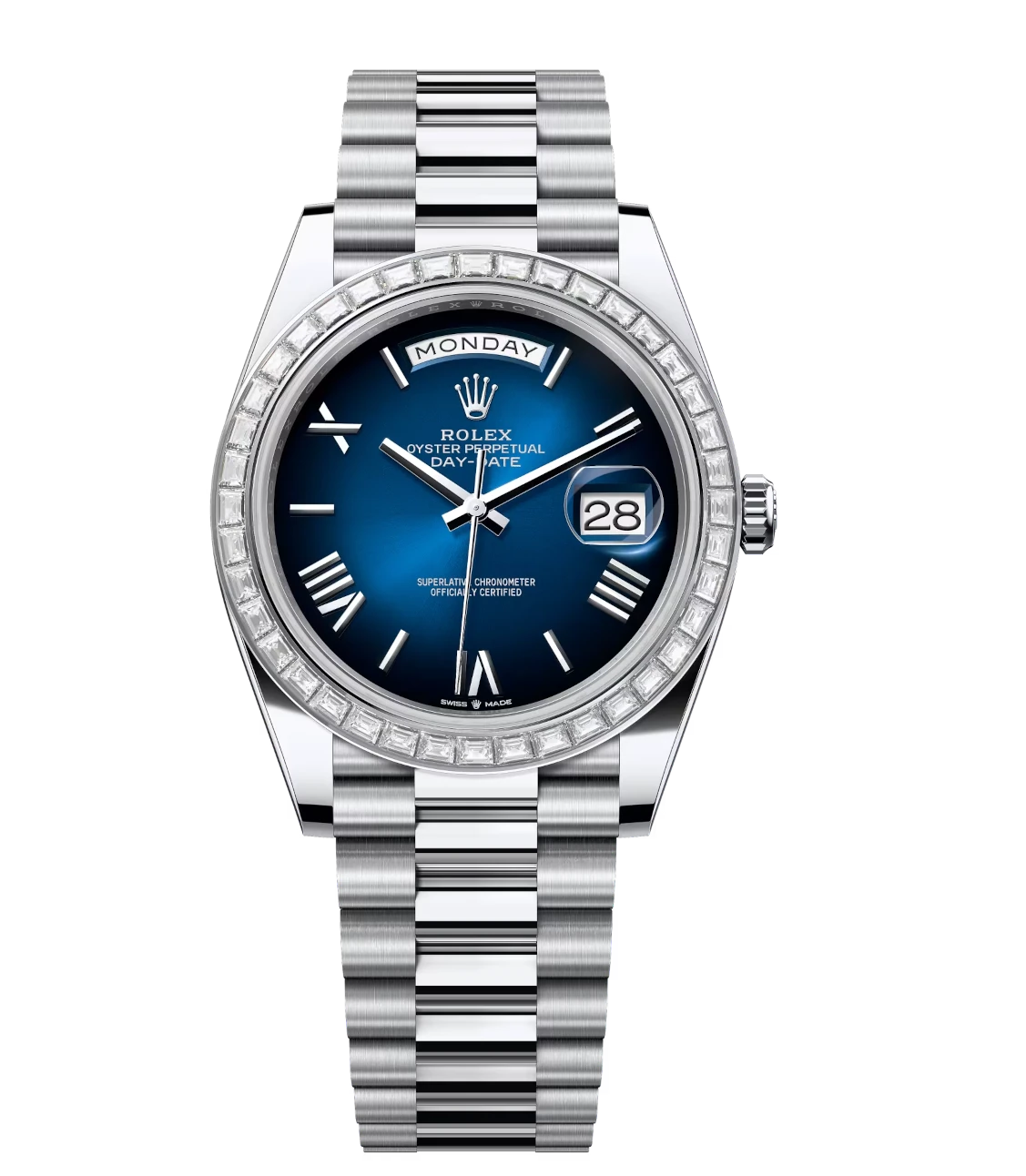 Rolex Day-Date 40 Oyster Perpetual platinum blue ombré dial diamond-set bezel President band Reference 228396TBR 1 Rolex Day-Date 40 Oyster Perpetual platinum blue ombré dial diamond-set bezel President band Reference 228396TBR