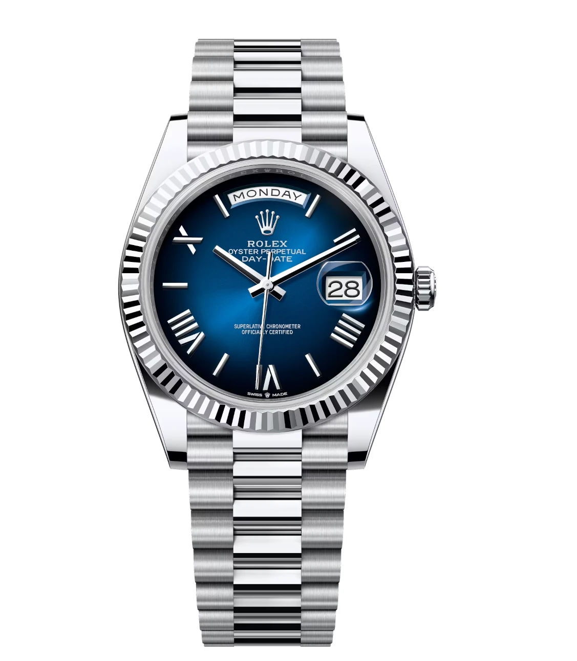 Rolex Day-Date 40 Oyster Perpetual platinum blue ombré dial fluted bezel President band Reference 228236 1 Rolex Day-Date 40 Oyster Perpetual platinum blue ombré dial fluted bezel President band Reference 228236