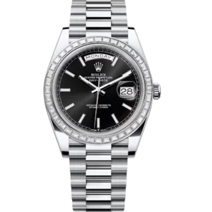 Rolex Day-Date 40 Oyster Perpetual platinum bright black dial diamond-set bezel President band Reference 228396TBR