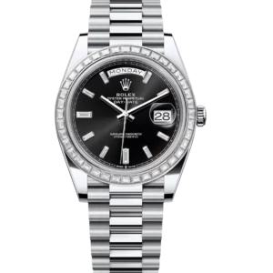 Rolex Day-Date 40 Oyster Perpetual platinum bright black, diamond-set dial diamond-set bezel President band Reference 228396TBR